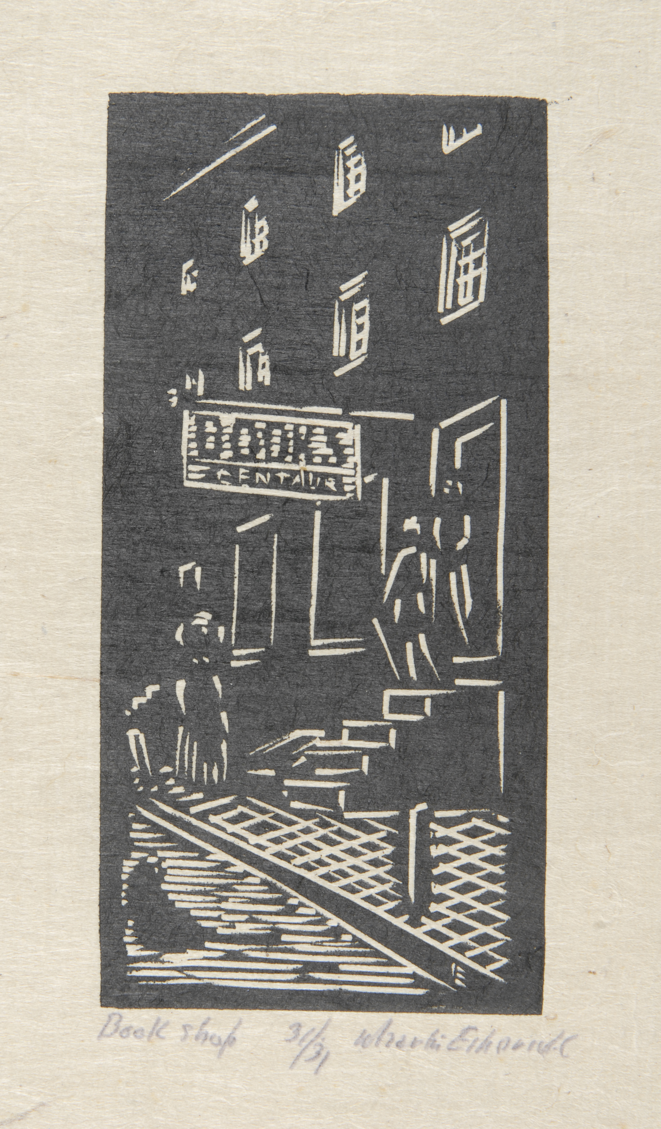 "Book Shop" woodcut print by Wharton Esherick, 1925 of the Centaur Bookshop