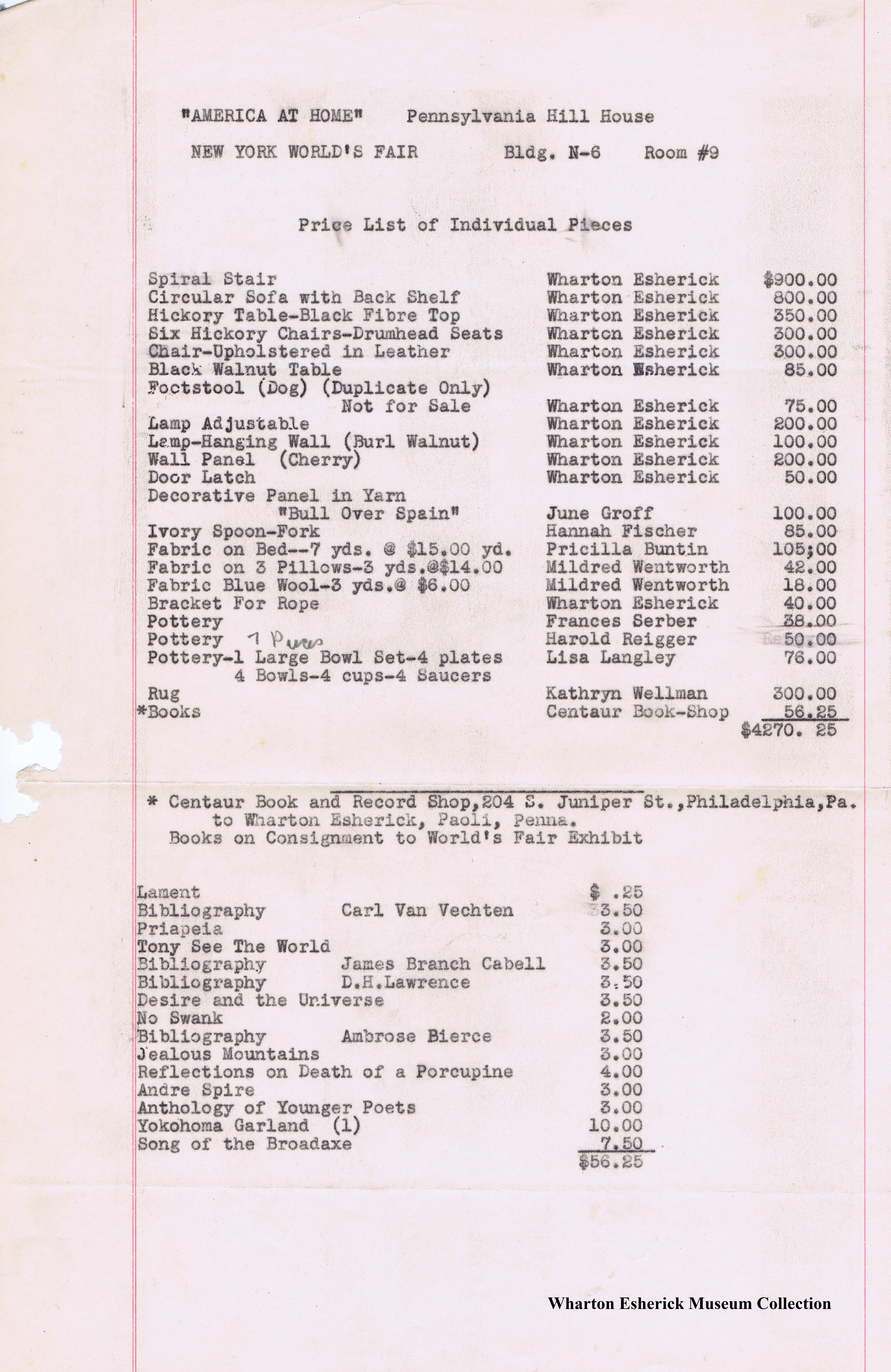 Price list for the "Pennsylvania Hill House".
