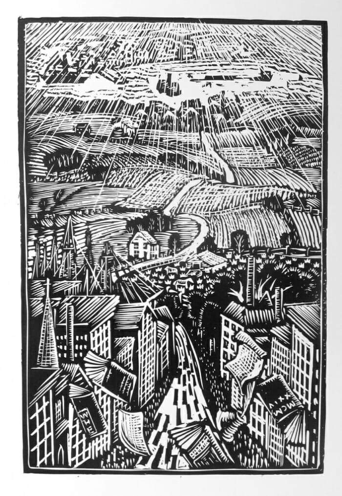 black and white woodcut image of city in the foreground and road leading over hills to the countryside in the distance.