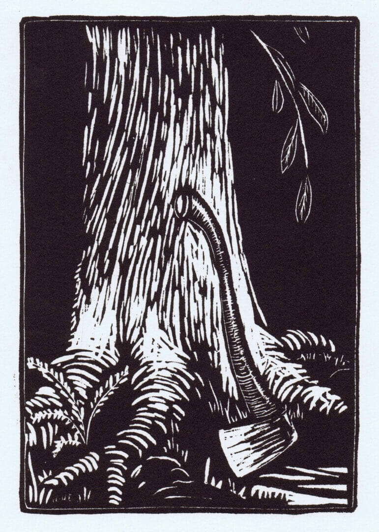 woodcut of axe leaning against tree