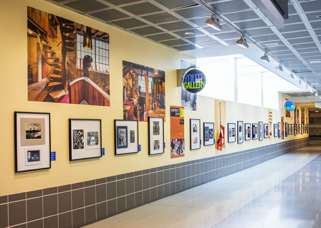 Youth Art – 2019.6 – Wharton Esherick, Imprint – 02 long wall with large pictures of museum with small framed prints by students below them