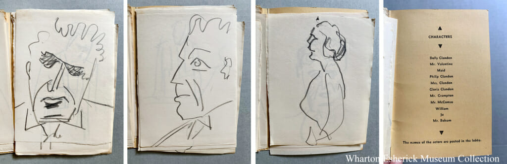 three pencil drawn portraits and the back cover of a playbill listing the characters in a play