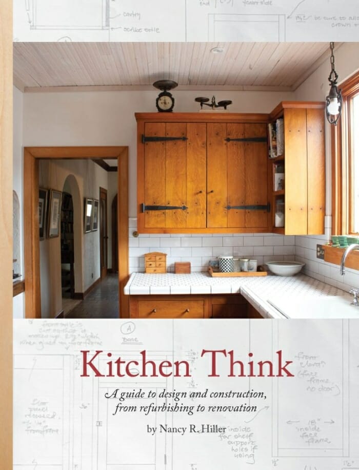 book cover for Kitchen Think showing wood cabinets and white tiled countertop