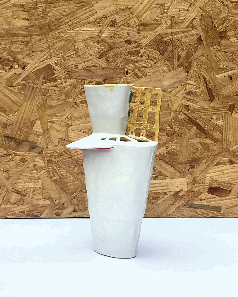 tall and narrow ceramic vase with yellow grid