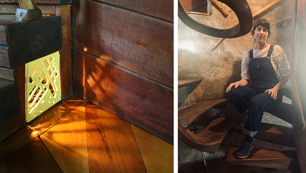 Left: a yellow ceramic square with open spaces lets the light through from underneath a staircase. Right: Roberta sits on Esherick's wooden spiral staircase wearing a white shirt and overalls.